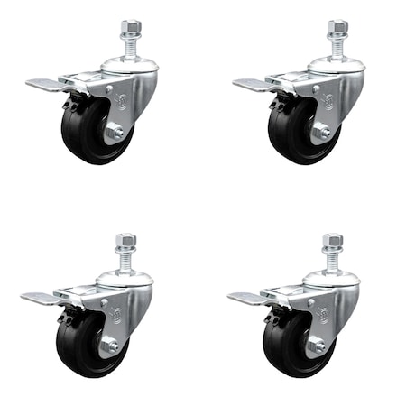 Service Caster 3.5 Inch SS Soft Rubber 10mm Threaded Stem Caster Set Total Lock Brake SCC SCC-SSTSTTL20S3514-SRS-M1015-4